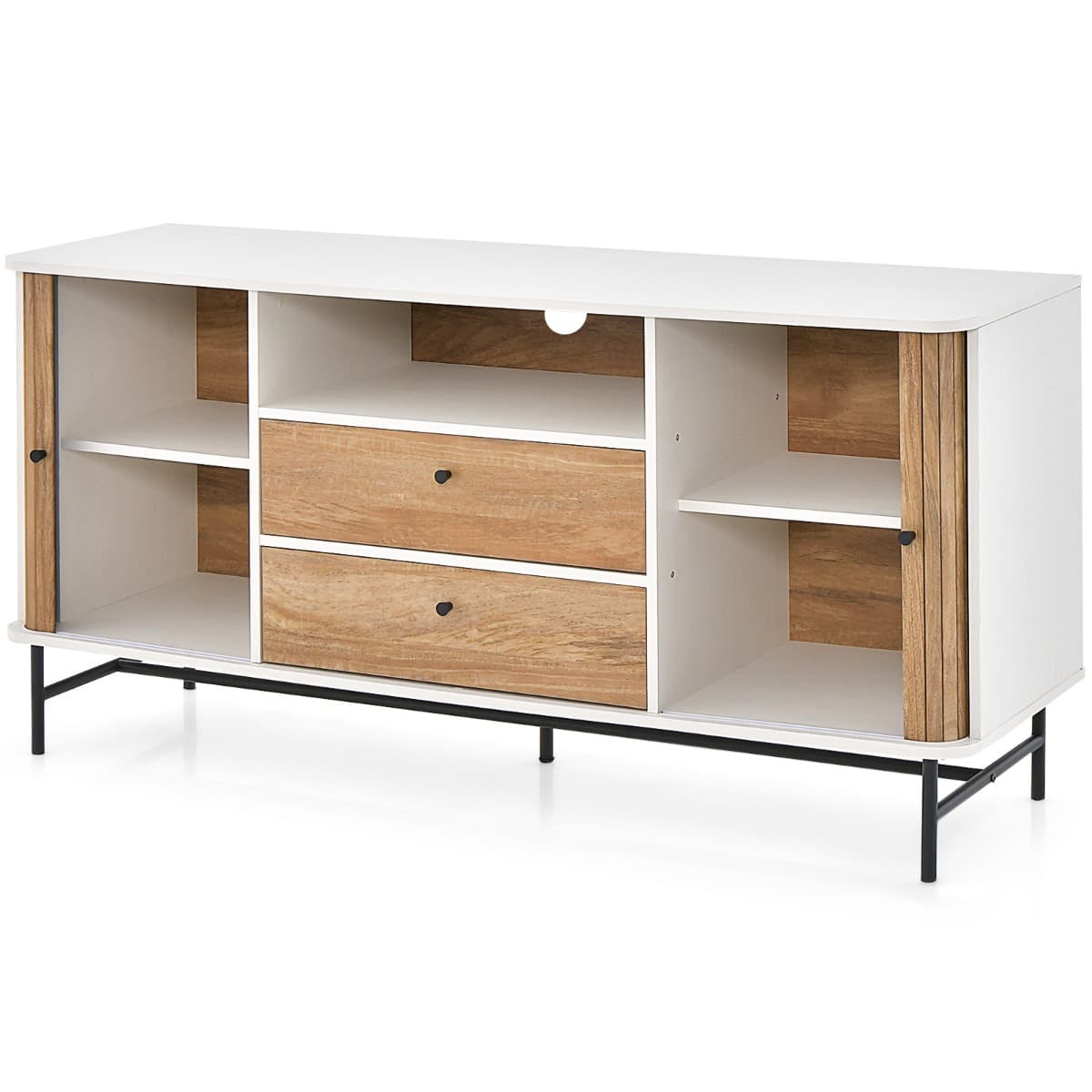 CostwayMeuble TV Polyvalent Armoire Basse Moderne Du Milieu Du Siècle avec Portes Coulissantes à Tambour 2 Tiroirs de Rangement Station Bar-café Blanc