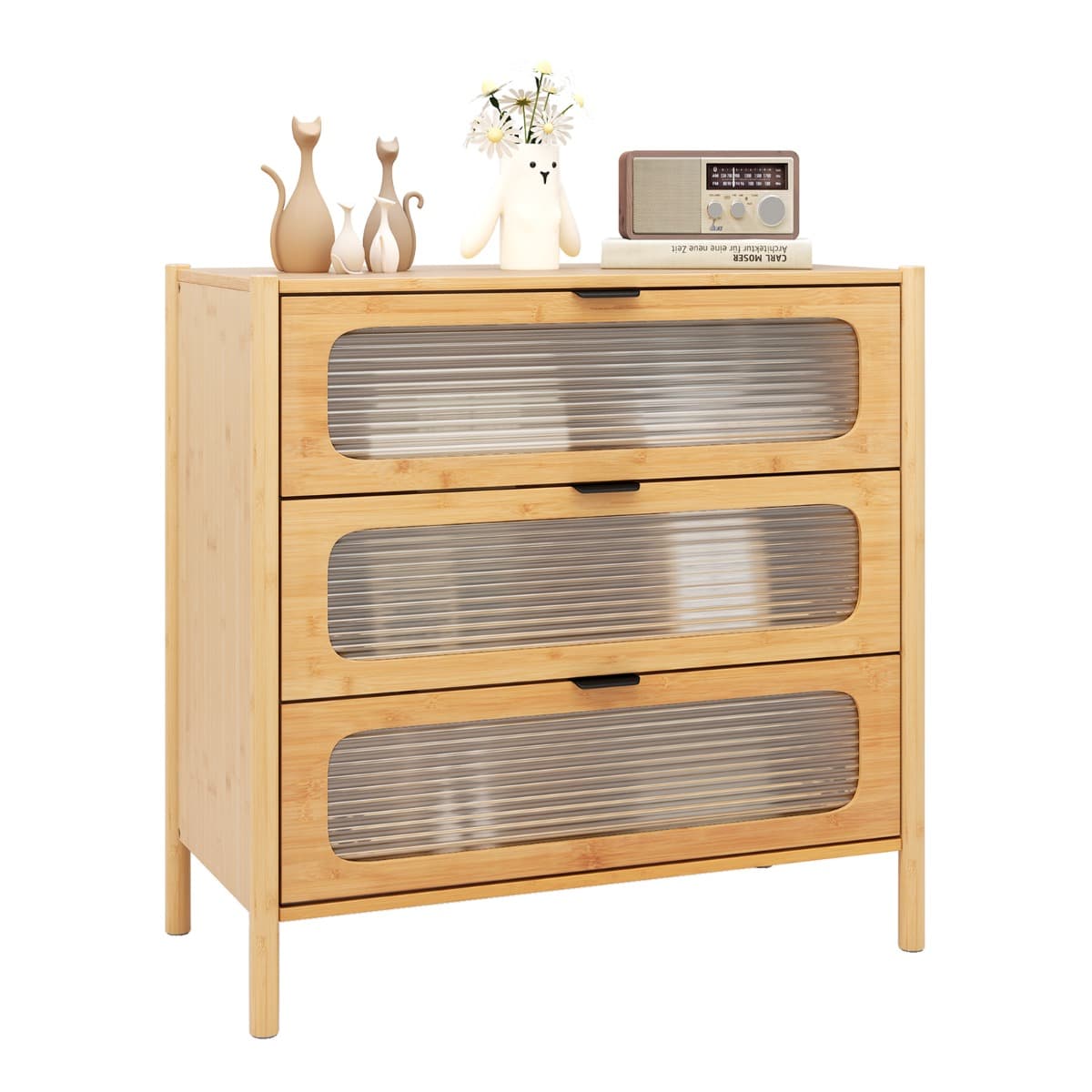 CostwayCommode à 3 Tiroirs Meuble de Rangement de Style Moderne du Milieu du Siècle avec Front en Verre Trempé Rayé Naturel