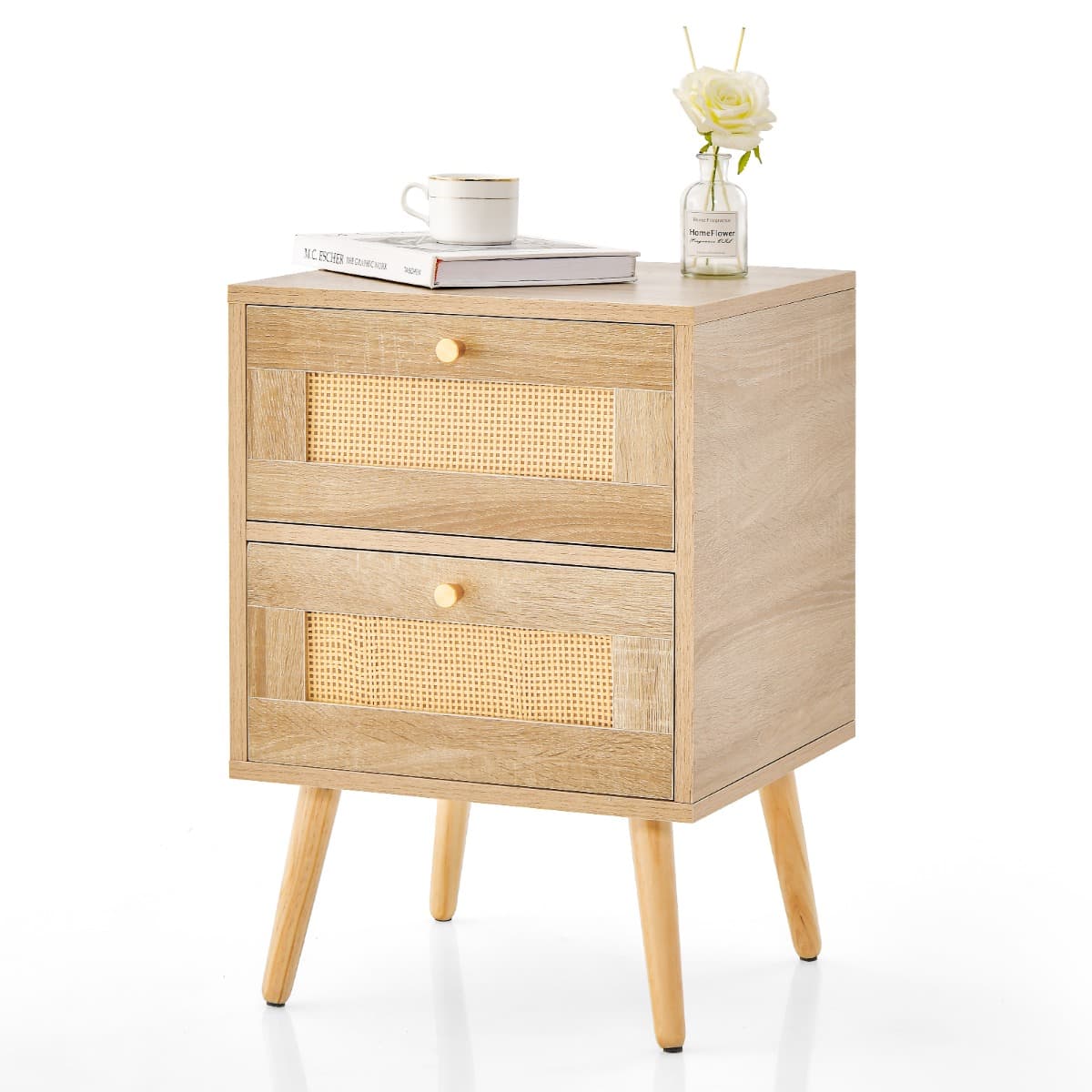 CostwayTable de Chevet en Rotin Table de Nuit Bohème avec 2 Tiroirs de Rangement Table D'appoint Moderne Du Milieu Du Siècle Pieds Naturel