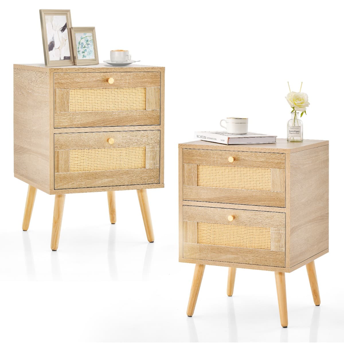 CostwayLot de 2 Tables de Chevet en Rotin Table de Nuit Bohème avec 2 Tiroirs de Rangement Table D'appoint Moderne Du Milieu Du Siècle Pieds Naturel