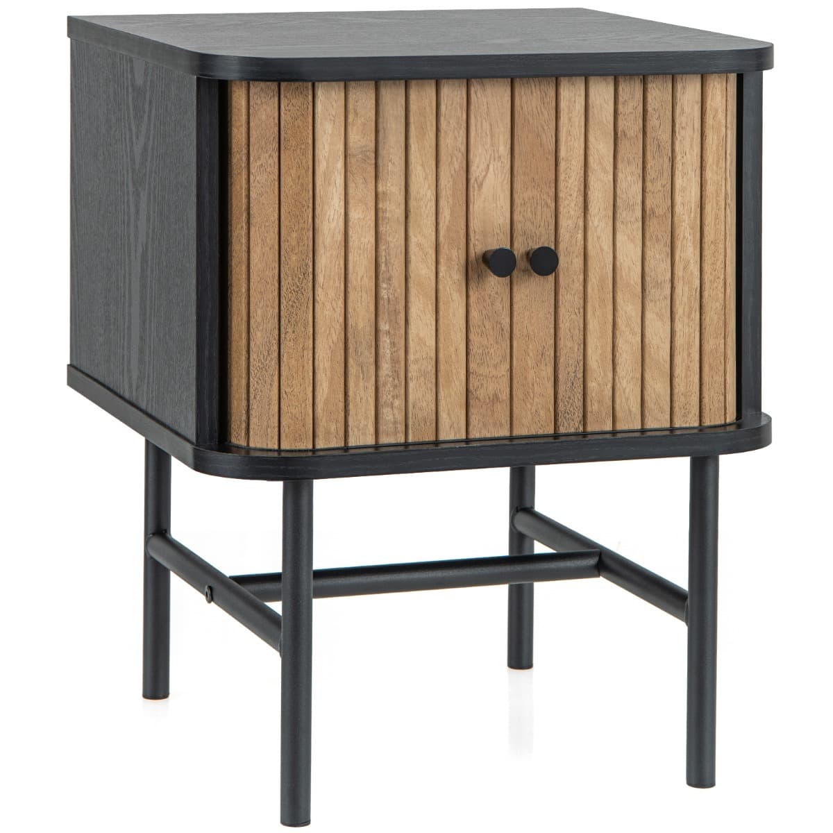 CostwayTable de Chevet avec Portes Coulissantes Moderne Du Milieu Du Siècle avec Armoire de Rangement Pieds en Métal Table D'appoint Compacte Noir