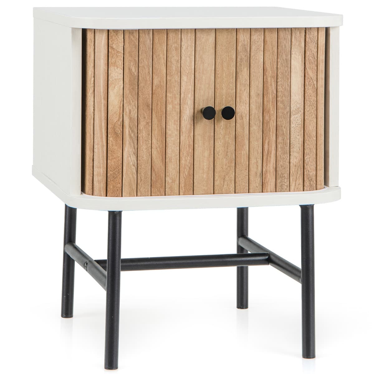 CostwayTable de Chevet avec Portes Coulissantes Moderne Du Milieu Du Siècle avec Armoire de Rangement Pieds en Métal Table D'appoint Compacte Blanc